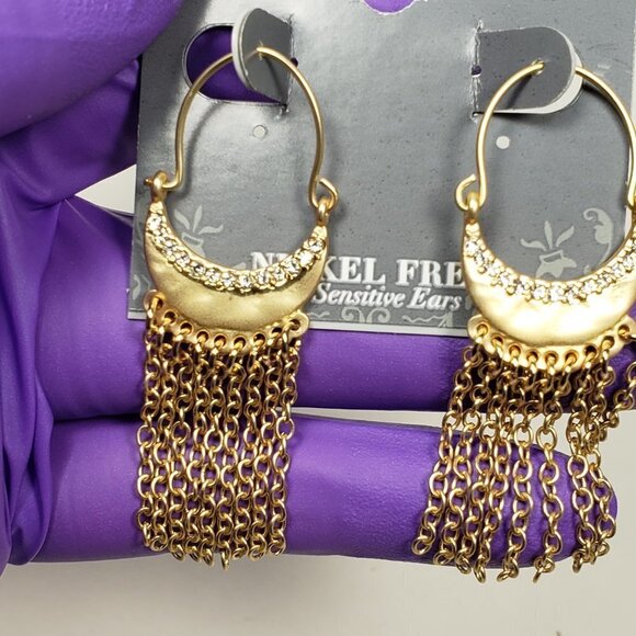 Gold Crystal Fringe Earrings โ Crescent Statement Design for Sensitive Ears - Picture 5 of 9